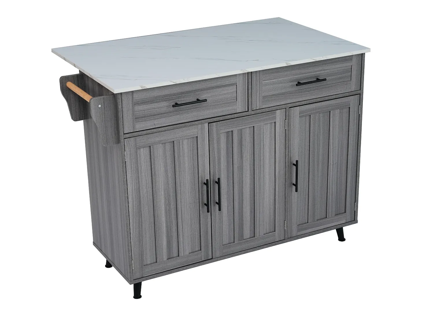 Carrito de cocina con ruedas con 2 cajones, 3 puertas, tapa extensible en chapa de mármol blanco, cuerpo gris