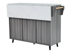Carrito de cocina con ruedas con 2 cajones, 3 puertas, tapa extensible en chapa de mármol blanco, cuerpo gris