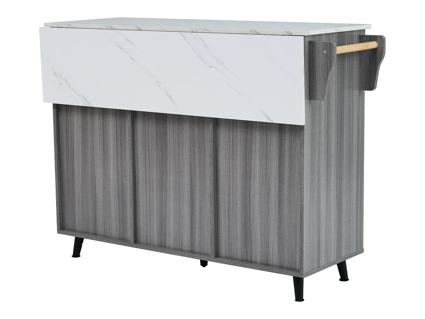 Carrito de cocina con ruedas con 2 cajones, 3 puertas, tapa extensible en chapa de mármol blanco, cuerpo gris