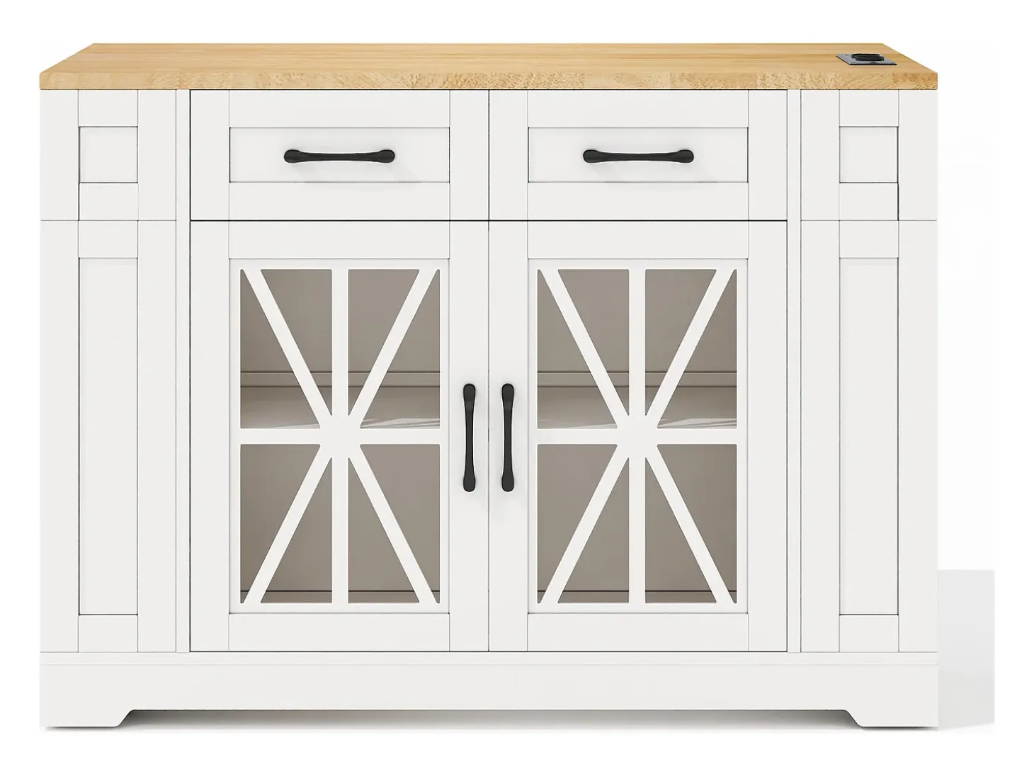 Carrito de cocina con ruedas con 2 cajones, 2 puertas de cristal y toma de corriente y puerto USB, tapa extensible imitación madera, cuerpo blanco