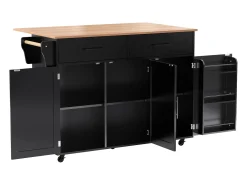 Carrito de cocina con ruedas con 2 cajones y 3 puertas, tapa extensible en acabado madera, color negro