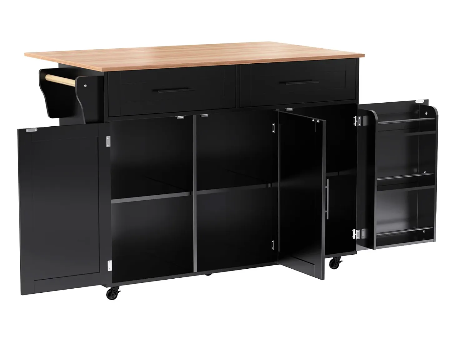 Carrito de cocina con ruedas con 2 cajones y 3 puertas, tapa extensible en acabado madera, color negro