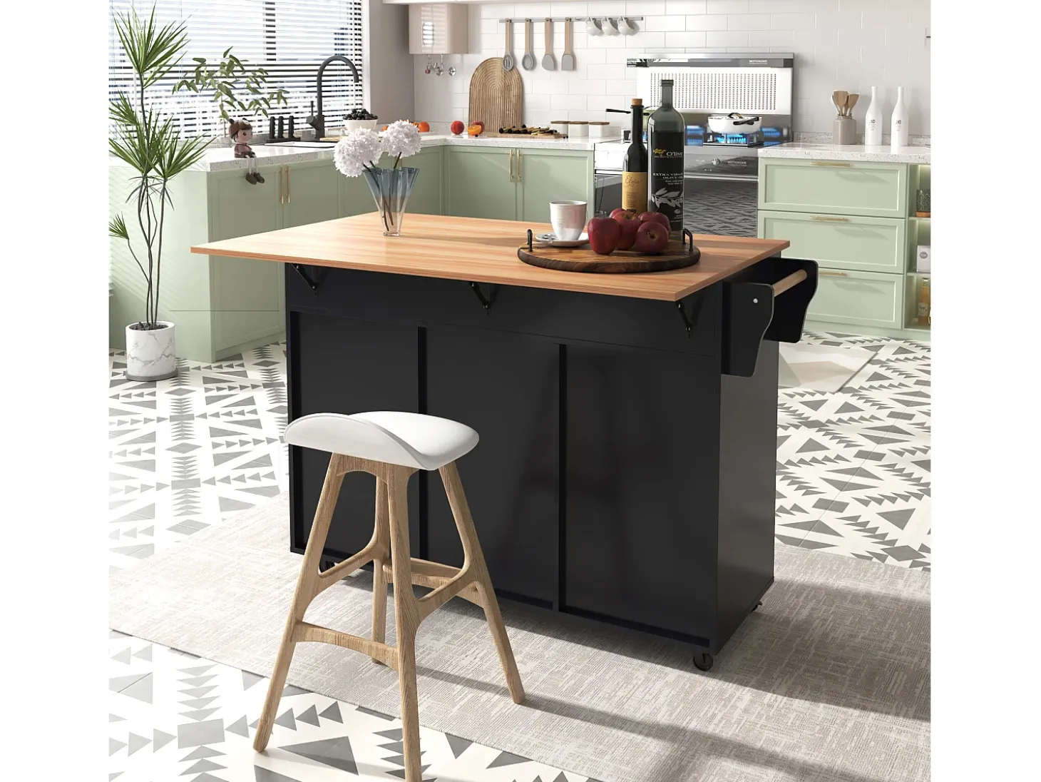 Carrito de cocina con ruedas con 2 cajones y 3 puertas, tapa extensible en acabado madera, color negro