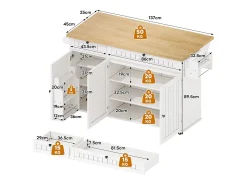 Carrito de cocina con tapa abatible, 2 cajones y 3 puertas, 6 ruedas con freno, color blanco