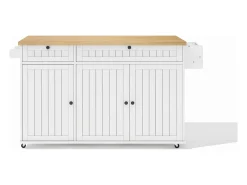 Carrito de cocina con tapa abatible, 2 cajones y 3 puertas, 6 ruedas con freno, color blanco