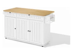 Carrito de cocina con tapa abatible, 2 cajones y 3 puertas, 6 ruedas con freno, color blanco