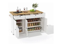 Carrito de cocina con tapa abatible, 2 cajones y 3 puertas, 6 ruedas con freno, color blanco