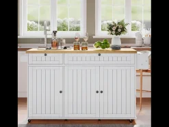 Carrito de cocina con tapa abatible, 2 cajones y 3 puertas, 6 ruedas con freno, color blanco
