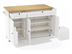 Carrito de cocina con tapa abatible, 2 cajones y 3 puertas, 6 ruedas con freno, color blanco
