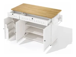 Carrito de cocina con tapa abatible, 2 cajones y 3 puertas, 6 ruedas con freno, color blanco