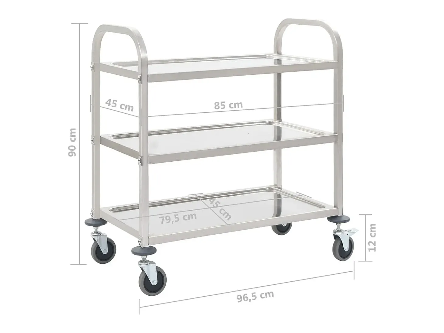 Carrito de cocina de 3 alturas 96,5x55x90 cm acero inoxidable