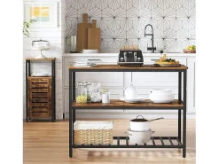 Carrito de cocina estilo industrial colección TAMPA con estructura de metal negro y tablero de madera.
