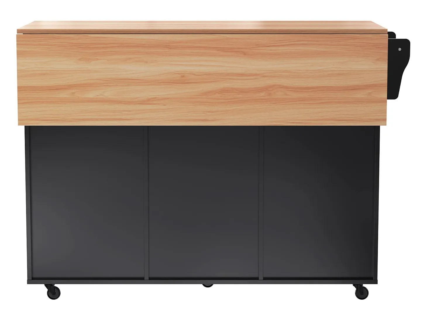 Carrito de cocina grande, tapa abatible, 2 cajones, ruedas, negro y natural (L129 x P46 x H91,5 cm)