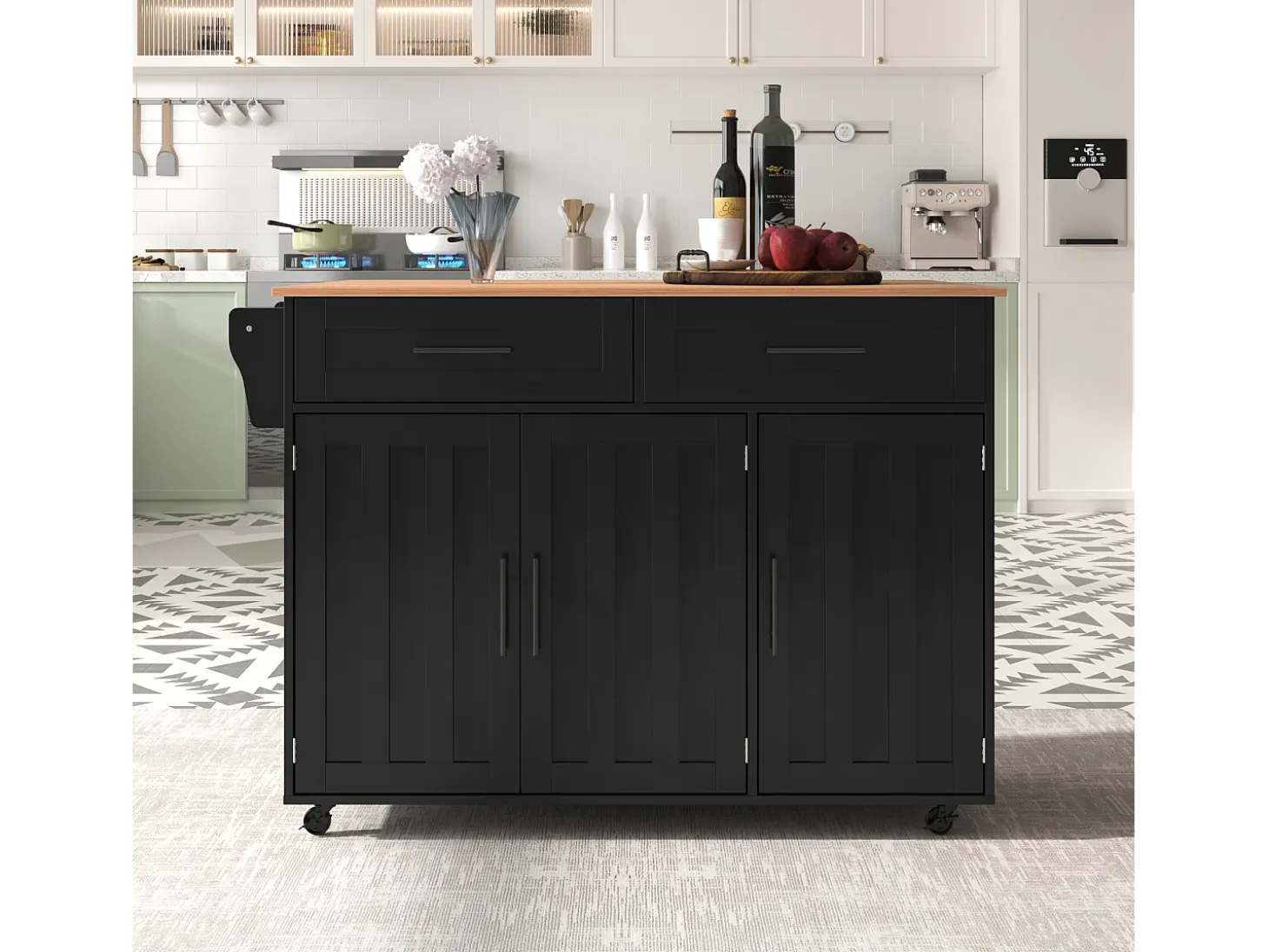 Carrito de cocina grande, tapa abatible, 2 cajones, ruedas, negro y natural (L129 x P46 x H91,5 cm)