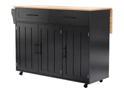 Carrito de cocina grande, tapa abatible, 2 cajones, ruedas, negro y natural (L129 x P46 x H91,5 cm)