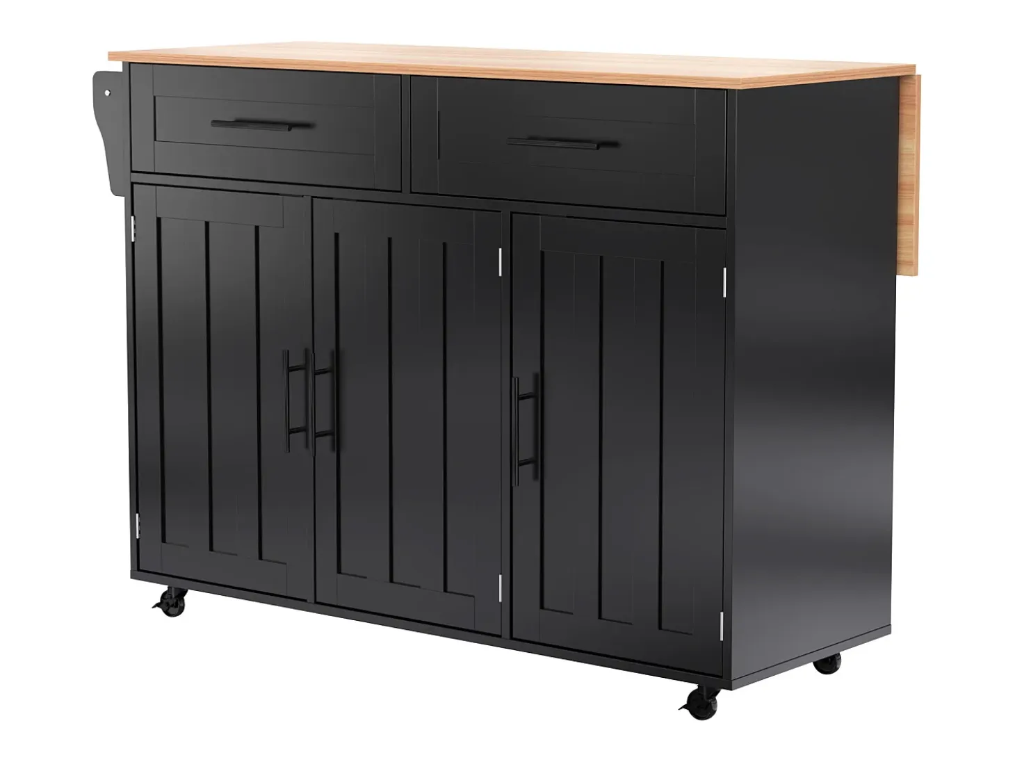 Carrito de cocina grande, tapa abatible, 2 cajones, ruedas, negro y natural (L129 x P46 x H91,5 cm)