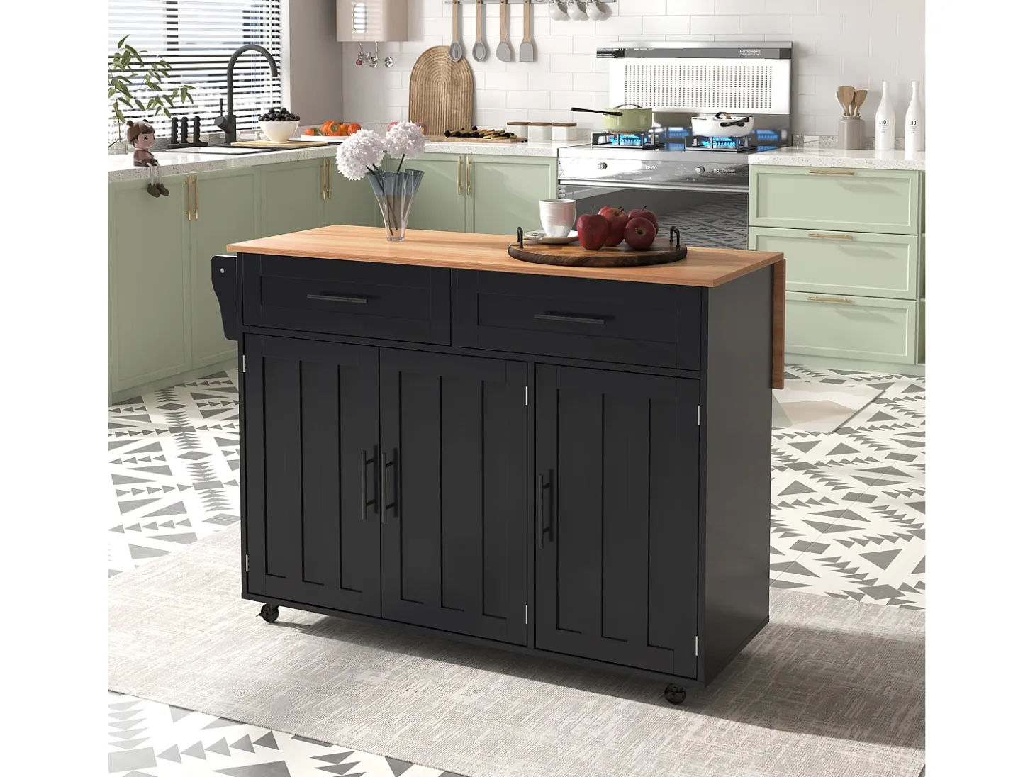 Carrito de cocina grande, tapa abatible, 2 cajones, ruedas, negro y natural (L129 x P46 x H91,5 cm)