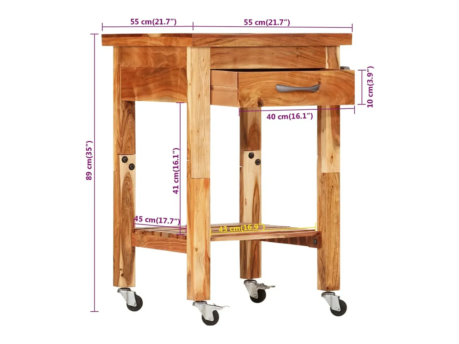 Carrito de cocina madera maciza de acacia 55x55x89 cm