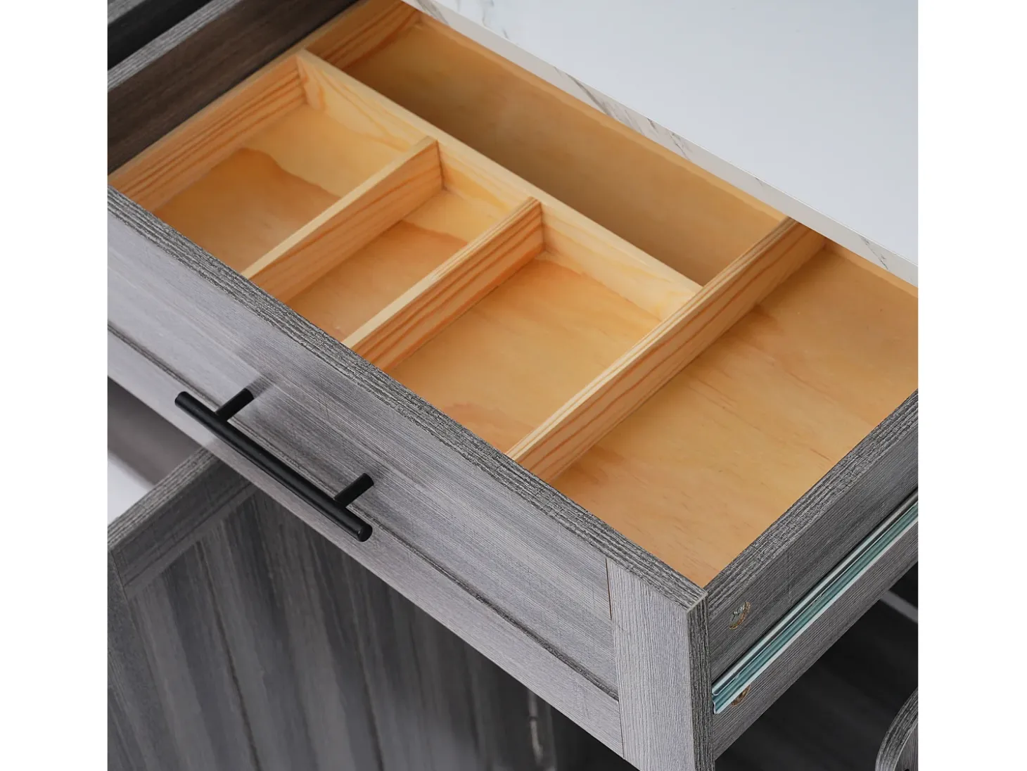 Carrito de cocina, madera maciza y encimera de mármol, diseño europeo, puerta, 3 cajones, ruedas, patas de madera extraíbles (129x46(71)x91,5 cm)