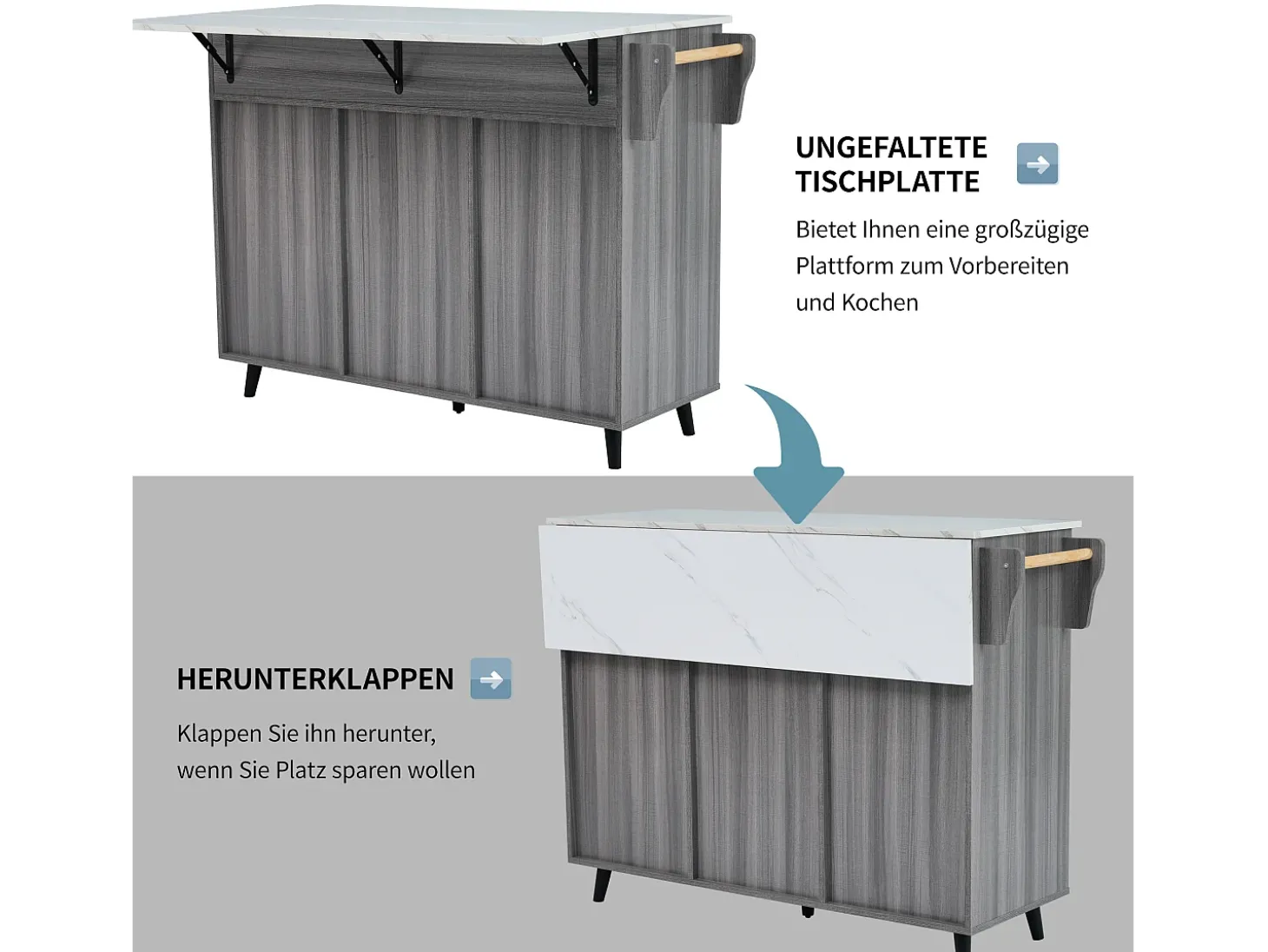 Carrito de cocina, madera maciza y encimera de mármol, diseño europeo, puerta, 3 cajones, ruedas, patas de madera extraíbles (129x46(71)x91,5 cm)