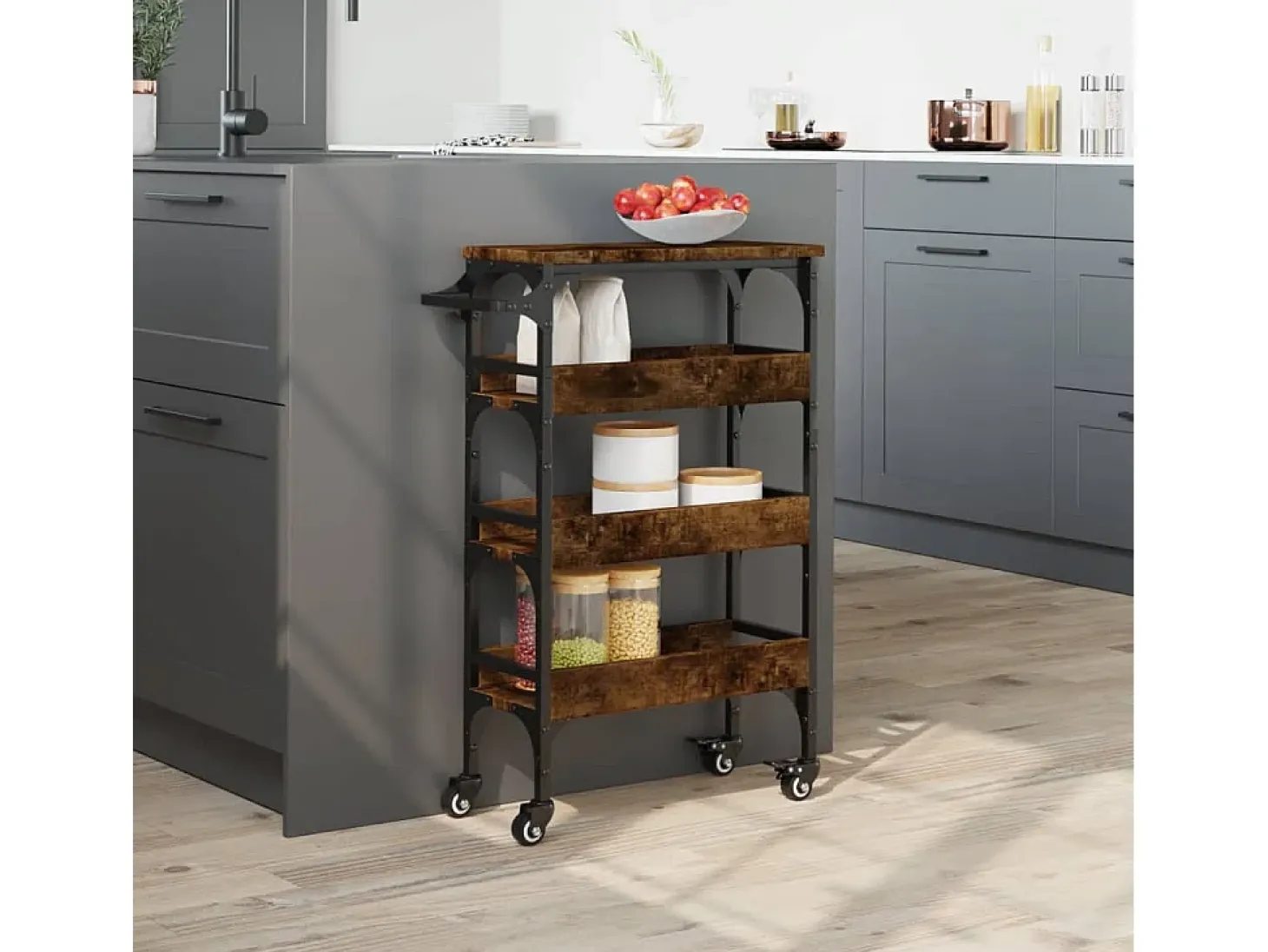 Carrito de cocina madera ingeniería roble ahumado 53x20x76 cm