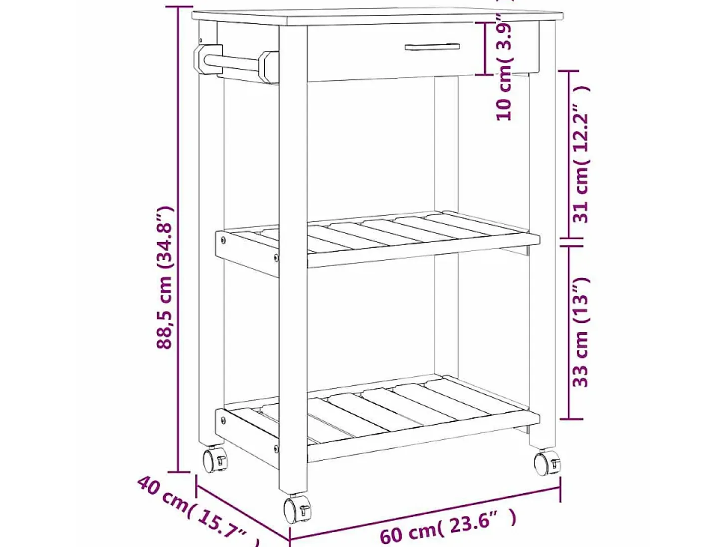 Carrito de cocina MONZA madera maciza de pino 60x40x88,5 cm