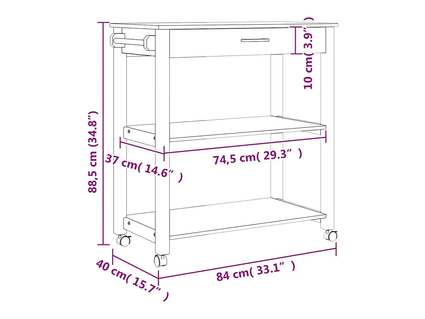 Carrito de cocina MONZA madera maciza de pino 84x40x88,5 cm