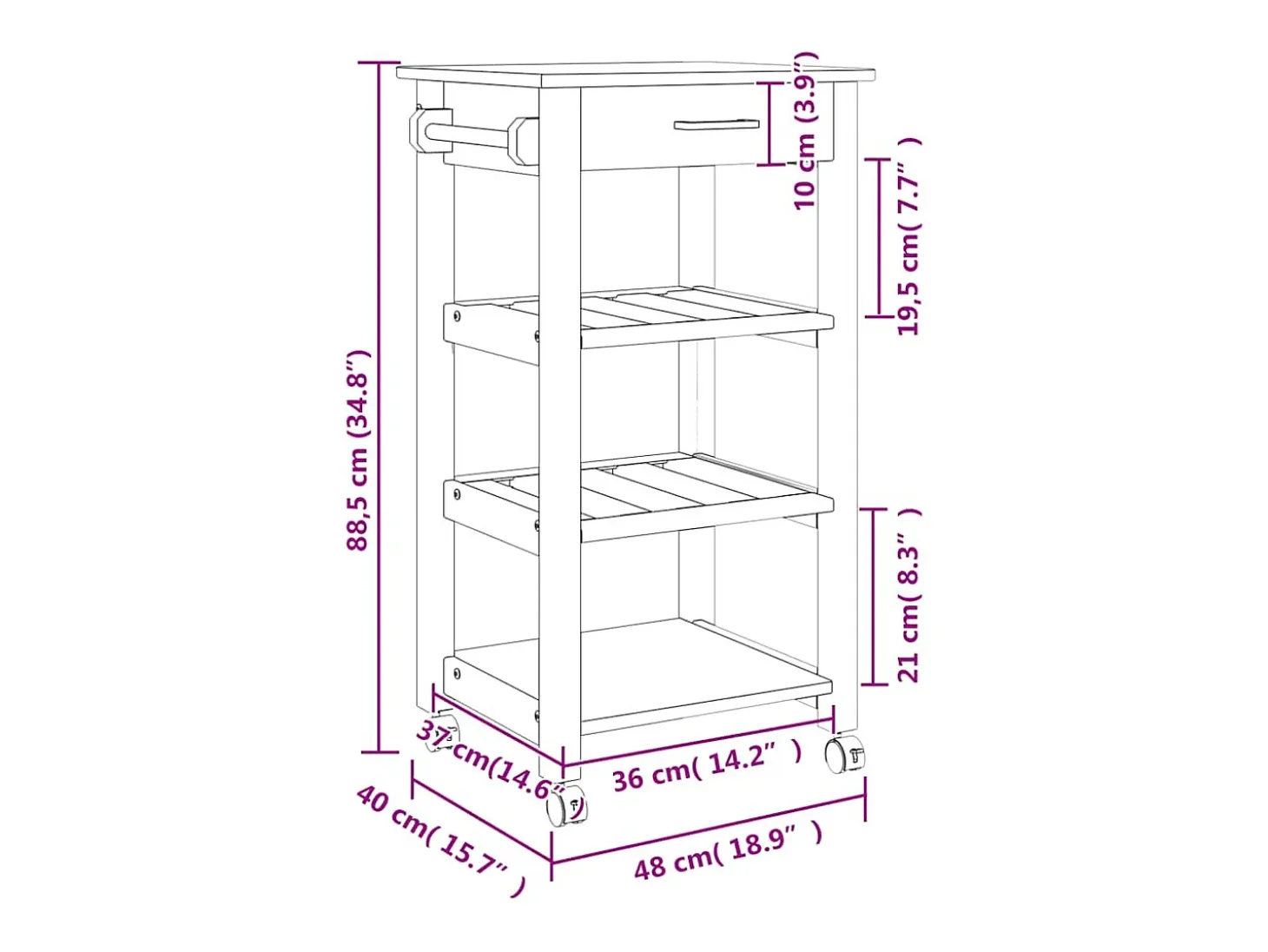 Carrito de cocina MONZA madera maciza de pino 48x40x88,5 cm