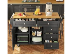 Carrito de cocina móvil con cajones, diseño dual fijo y móvil, MDF, negro (134x46x92cm)