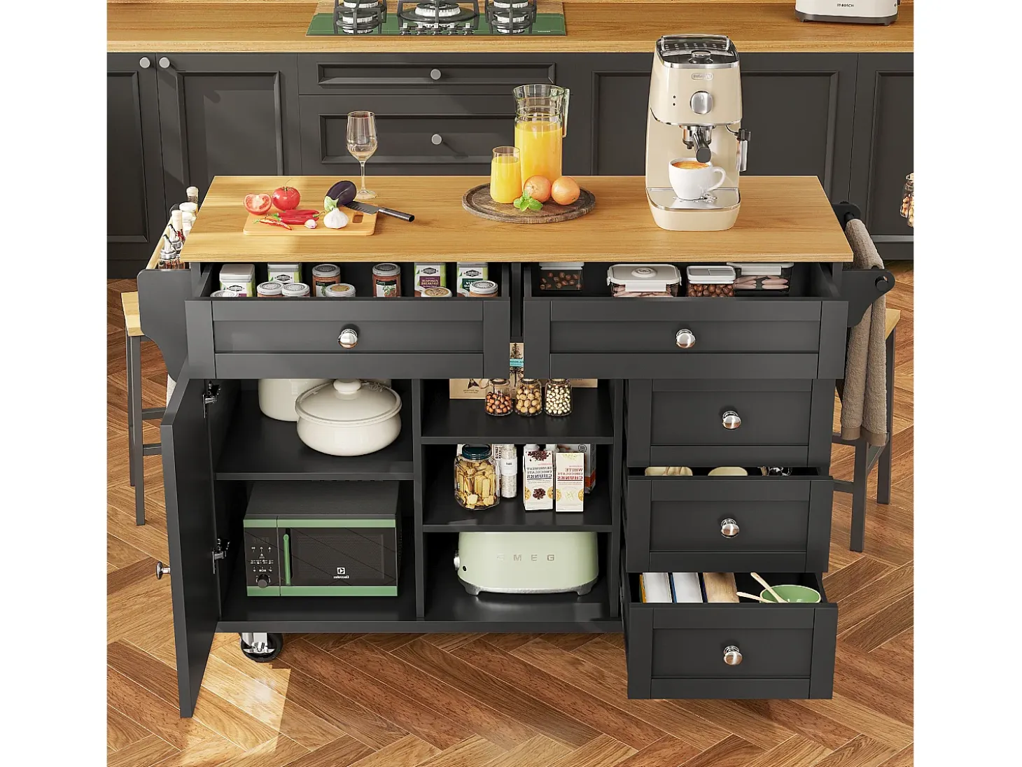 Carrito de cocina móvil con cajones, diseño dual fijo y móvil, MDF, negro (134x46x92cm)