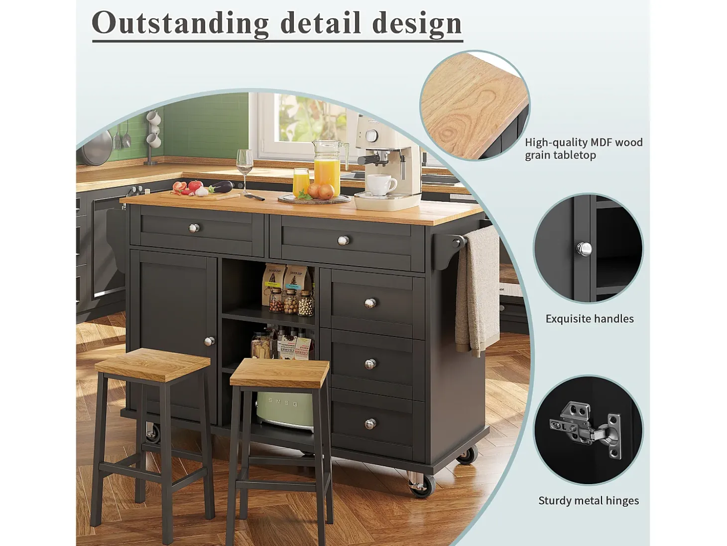 Carrito de cocina móvil con cajones, diseño dual fijo y móvil, MDF, negro (134x46x92cm)