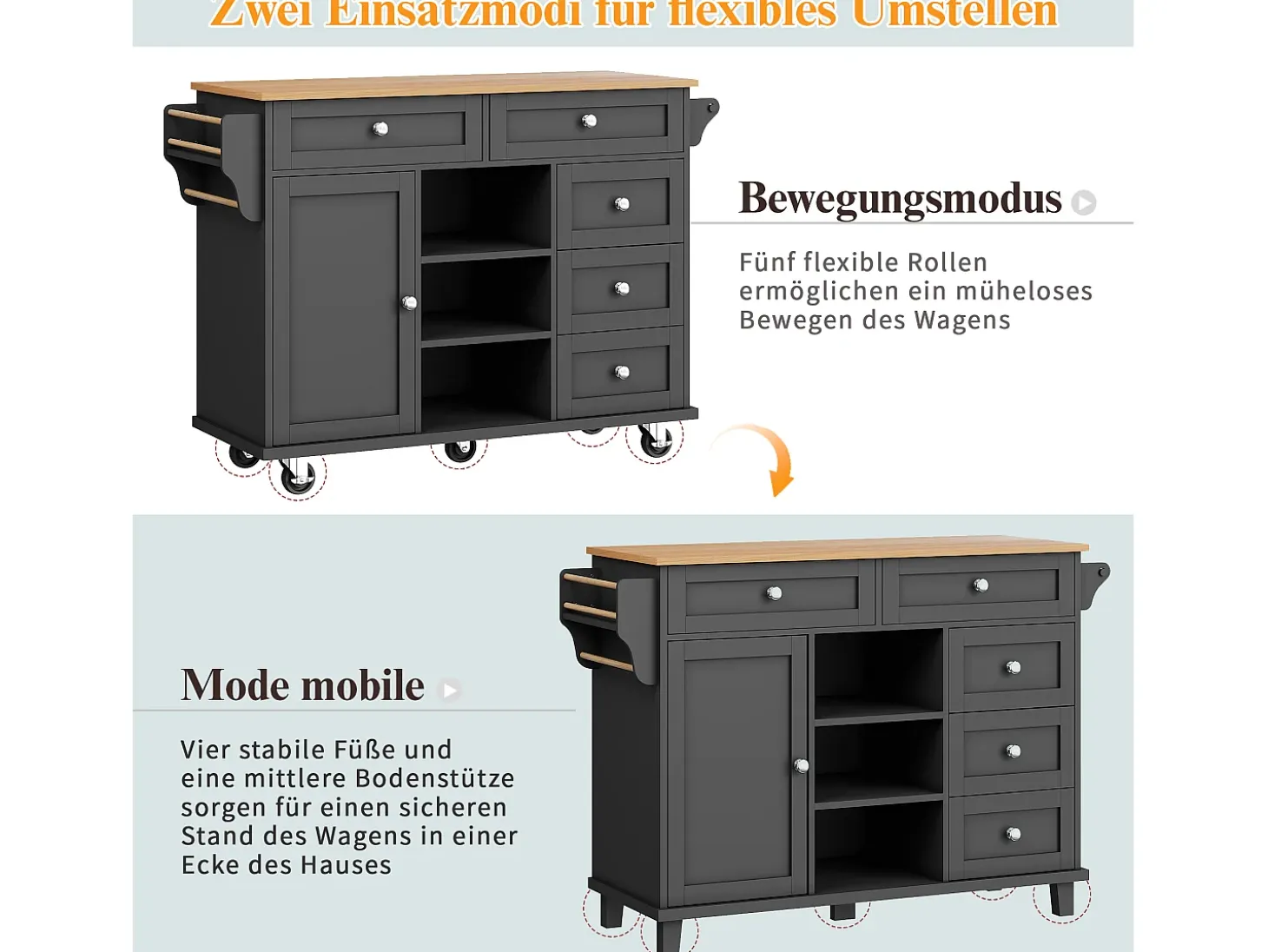 Carrito de cocina móvil con cajones, diseño dual fijo y móvil, MDF, negro (134x46x92cm)