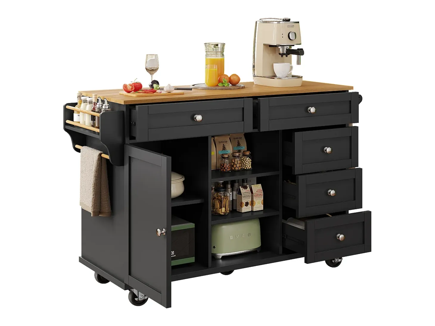 Carrito de cocina móvil con cajones, diseño dual fijo y móvil, MDF, negro (134x46x92cm)