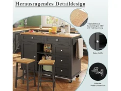 Carrito de cocina móvil con cajones, diseño dual fijo y móvil, MDF, negro (134x46x92cm)
