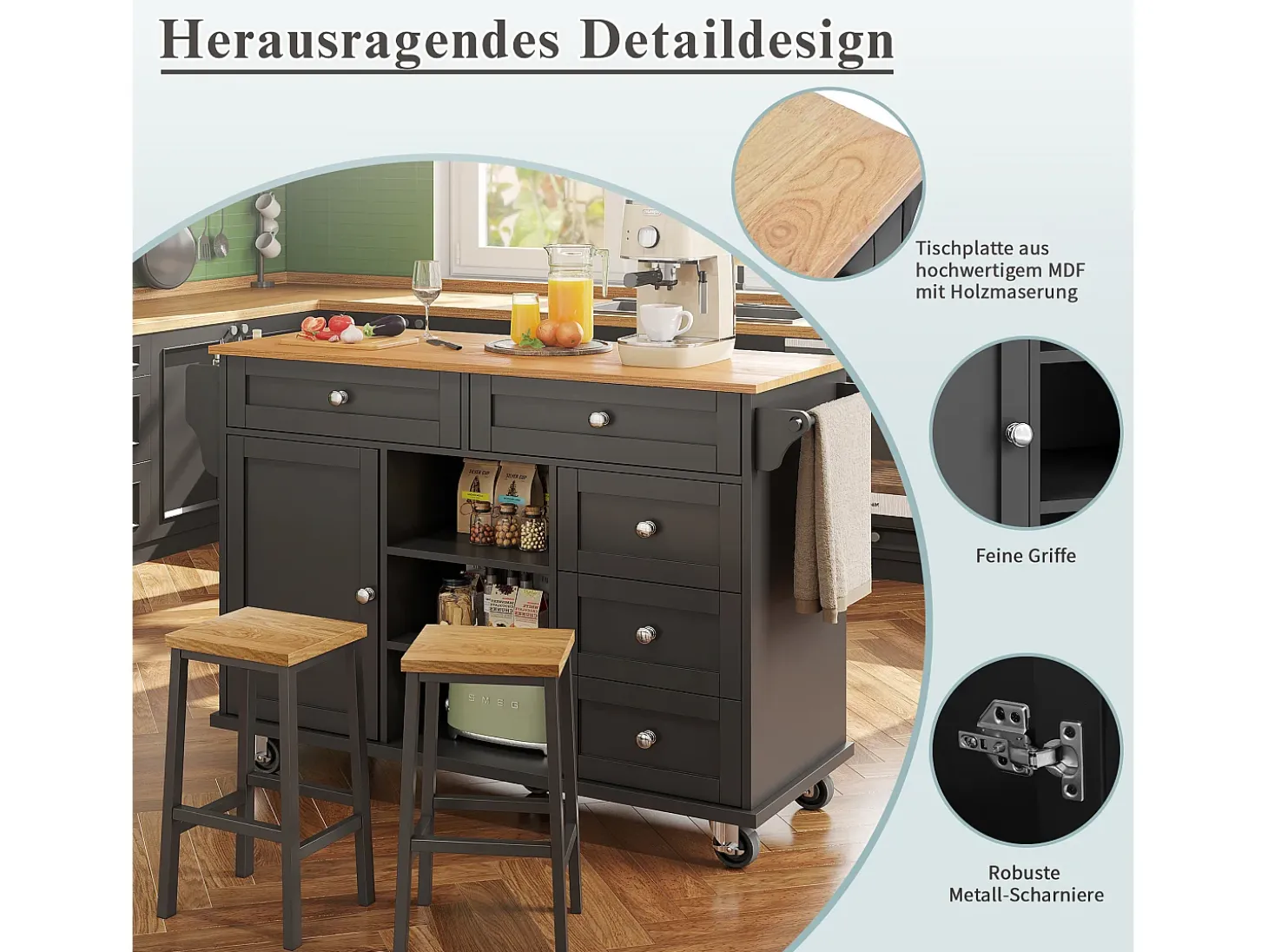 Carrito de cocina móvil con cajones, diseño dual fijo y móvil, MDF, negro (134x46x92cm)