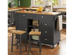 Carrito de cocina móvil con cajones, diseño dual fijo y móvil, MDF, negro (134x46x92cm)