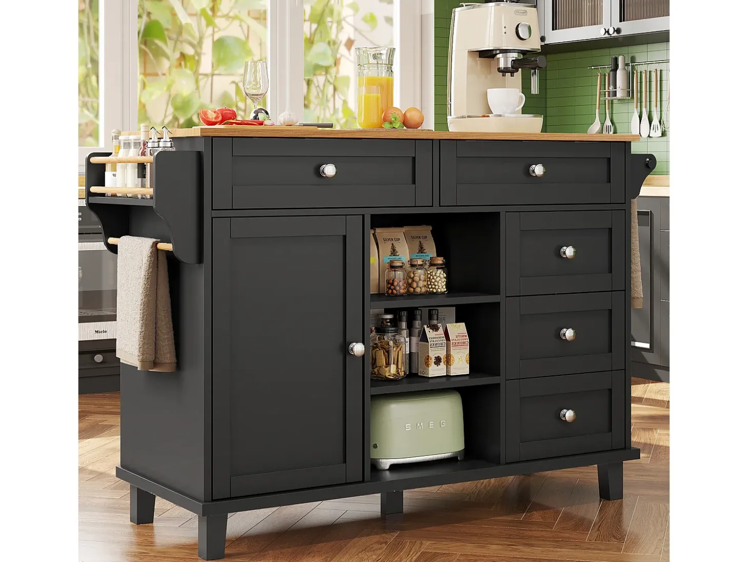 Carrito de cocina móvil con cajones, diseño dual fijo y móvil, MDF, negro (134x46x92cm)
