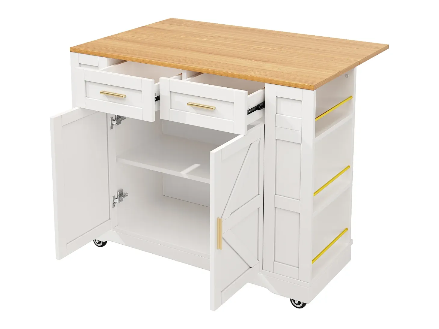 Carrito de cocina móvil con 2 puertas y 2 cajones, isla con veta de madera, blanco - para cocinas y salones
