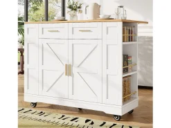 Carrito de cocina móvil con 2 puertas y 2 cajones, isla con veta de madera, blanco - para cocinas y salones