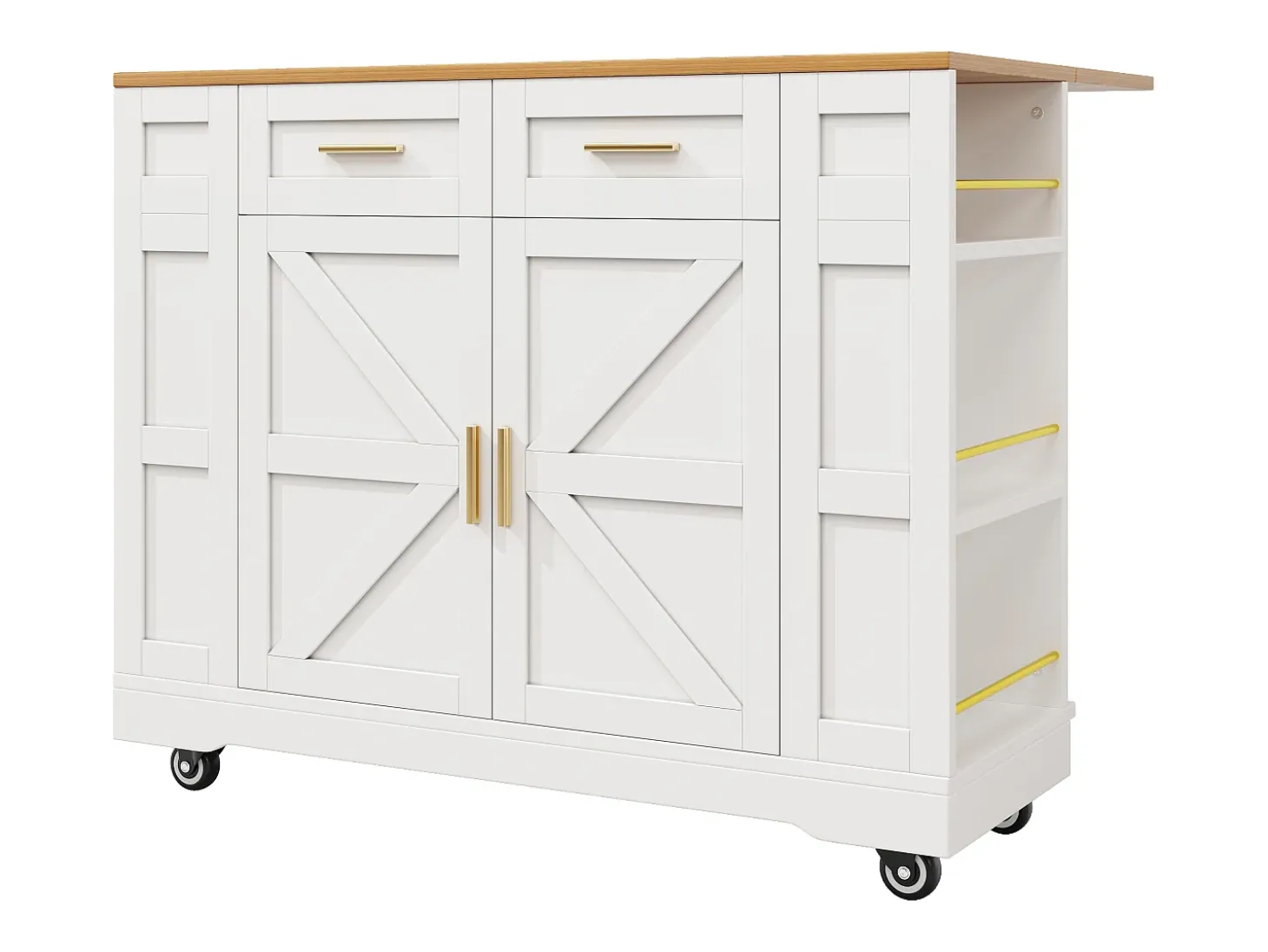 Carrito de cocina móvil con 2 puertas y 2 cajones, isla con veta de madera, blanco - para cocinas y salones