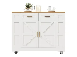 Carrito de cocina móvil con 2 puertas y 2 cajones, isla con veta de madera, blanco - para cocinas y salones