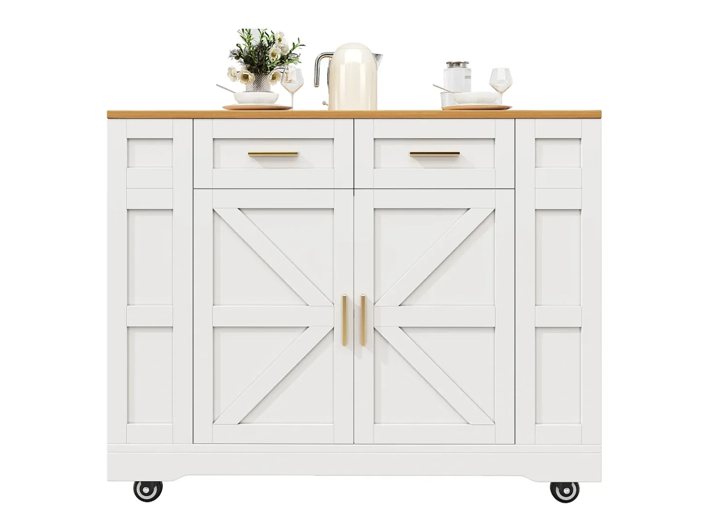 Carrito de cocina móvil con 2 puertas y 2 cajones, isla con veta de madera, blanco - para cocinas y salones