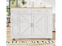 Carrito de cocina móvil con 2 puertas y 2 cajones, isla con veta de madera, blanco - para cocinas y salones