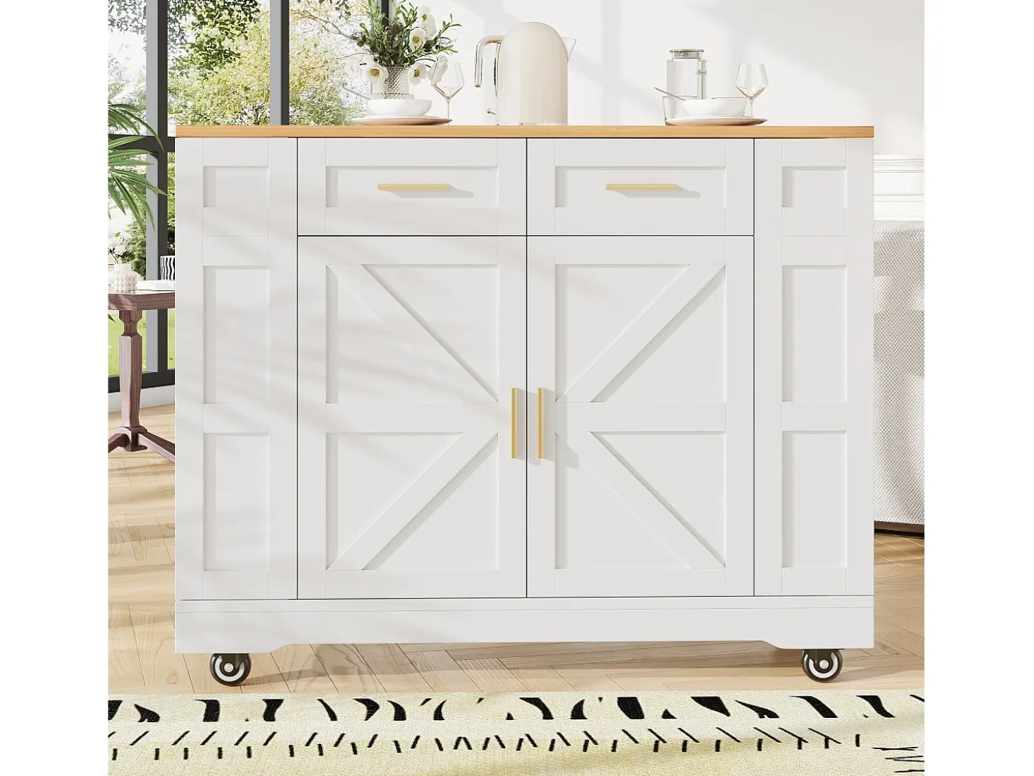 Carrito de cocina móvil con 2 puertas y 2 cajones, isla con veta de madera, blanco - para cocinas y salones