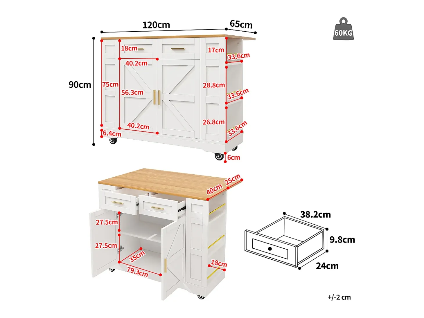 Carrito de cocina móvil con 2 puertas y 2 cajones, isla con veta de madera, blanco - para cocinas y salones