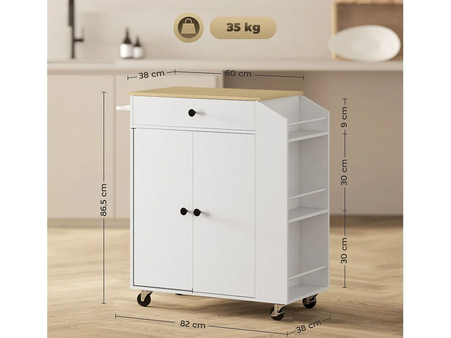 Carrito de cocina móvil con encimera, cajón y estante regulable, blanco (82x38x86,5 cm)