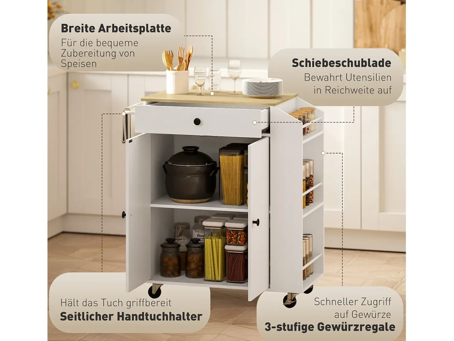 Carrito de cocina móvil con encimera, cajón y estante regulable, blanco (82x38x86,5 cm)
