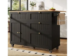 Carrito de cocina móvil con tablero extensible chapado en imitación madera, 3 cajones y 3 puertas incluidas, negro - 133x70x88cm