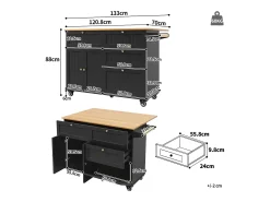 Carrito de cocina móvil con tablero extensible chapado en imitación madera, 3 cajones y 3 puertas incluidas, negro - 133x70x88cm