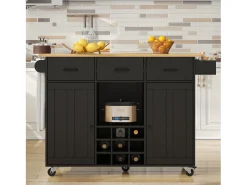 Carrito de cocina móvil con encimera, toallero y especiero, divisores ajustables, estructura de metal, negro (104 x 39,5 x 91,5 cm)